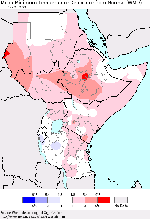 Eastern Africa Mean Minimum Temperature Departure from Normal (WMO) Thematic Map For 7/17/2023 - 7/23/2023