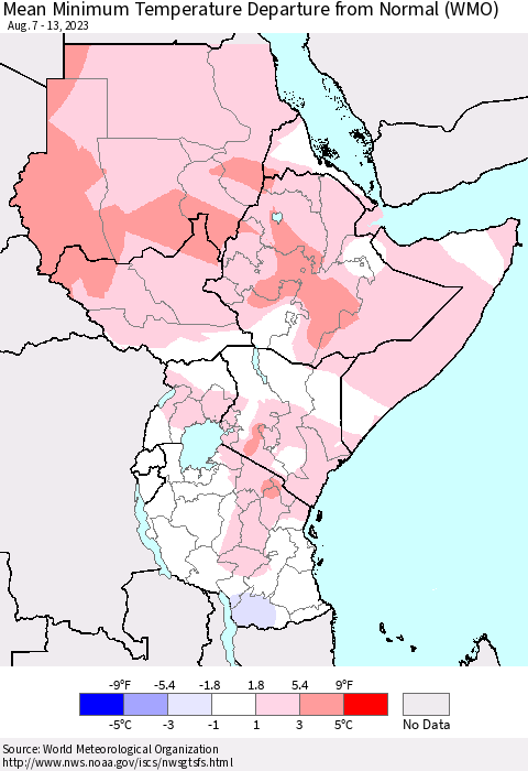 Eastern Africa Mean Minimum Temperature Departure from Normal (WMO) Thematic Map For 8/7/2023 - 8/13/2023