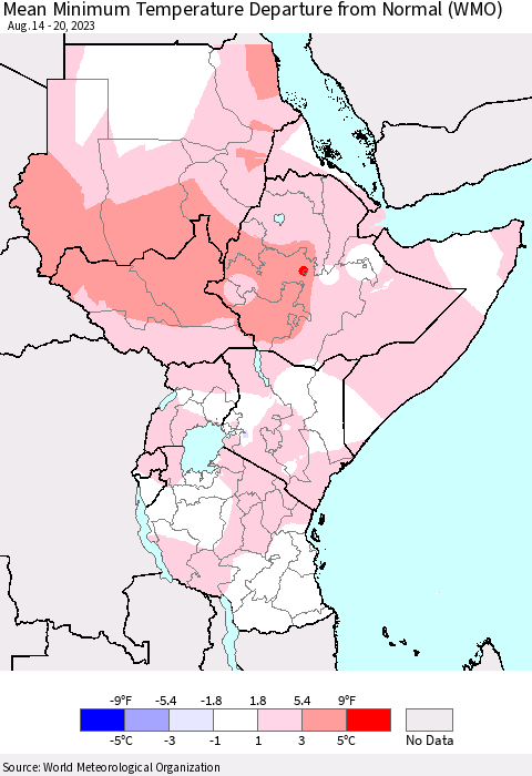 Eastern Africa Mean Minimum Temperature Departure from Normal (WMO) Thematic Map For 8/14/2023 - 8/20/2023