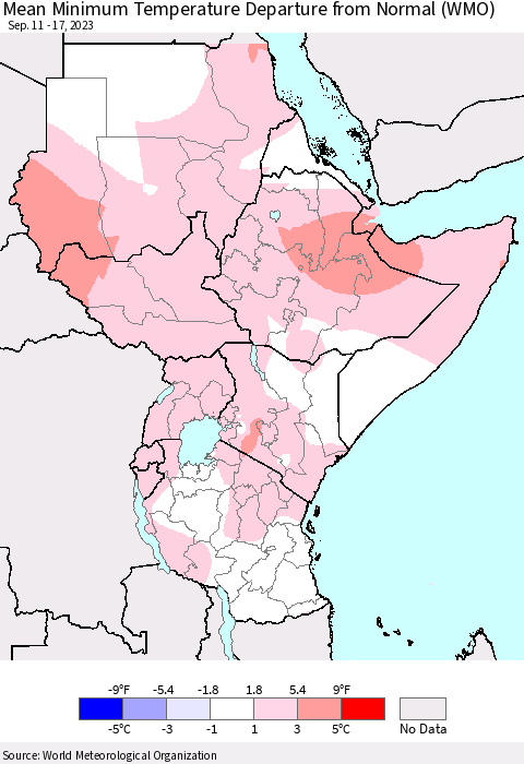 Eastern Africa Mean Minimum Temperature Departure from Normal (WMO) Thematic Map For 9/11/2023 - 9/17/2023