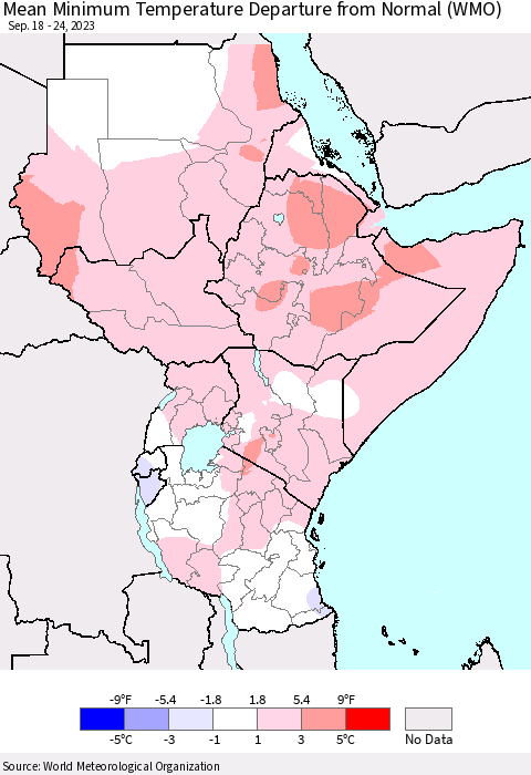 Eastern Africa Mean Minimum Temperature Departure from Normal (WMO) Thematic Map For 9/18/2023 - 9/24/2023