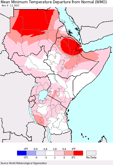 Eastern Africa Mean Minimum Temperature Departure from Normal (WMO) Thematic Map For 11/6/2023 - 11/12/2023