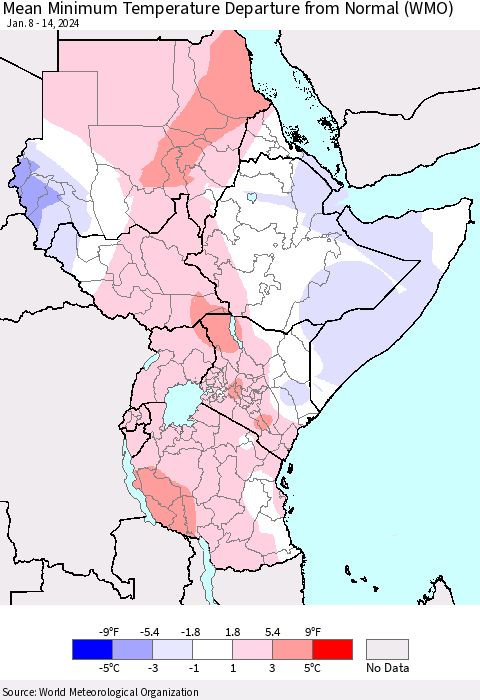 Eastern Africa Mean Minimum Temperature Departure from Normal (WMO) Thematic Map For 1/8/2024 - 1/14/2024