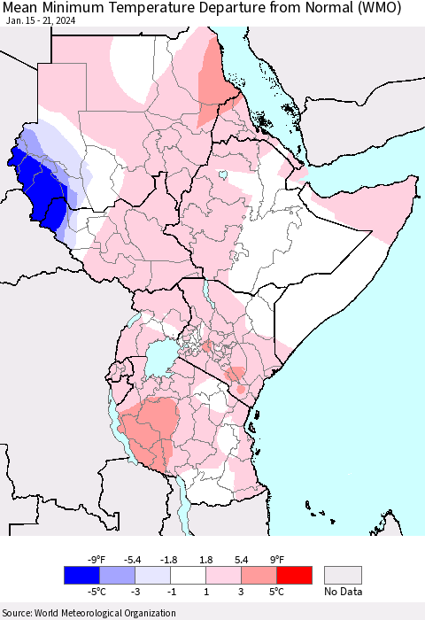 Eastern Africa Mean Minimum Temperature Departure from Normal (WMO) Thematic Map For 1/15/2024 - 1/21/2024