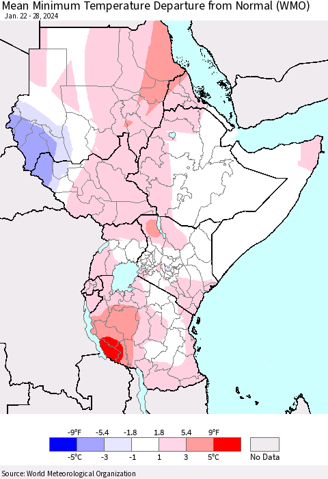 Eastern Africa Mean Minimum Temperature Departure from Normal (WMO) Thematic Map For 1/22/2024 - 1/28/2024