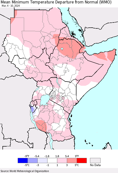 Eastern Africa Mean Minimum Temperature Departure from Normal (WMO) Thematic Map For 3/4/2024 - 3/10/2024