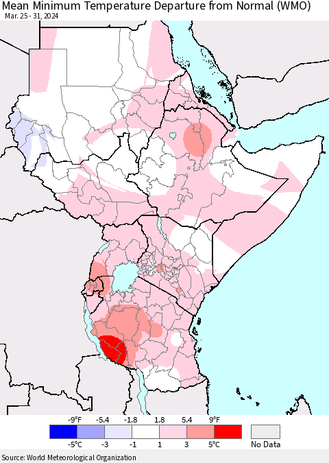 Eastern Africa Mean Minimum Temperature Departure from Normal (WMO) Thematic Map For 3/25/2024 - 3/31/2024