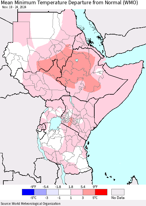 Eastern Africa Mean Minimum Temperature Departure from Normal (WMO) Thematic Map For 11/18/2024 - 11/24/2024