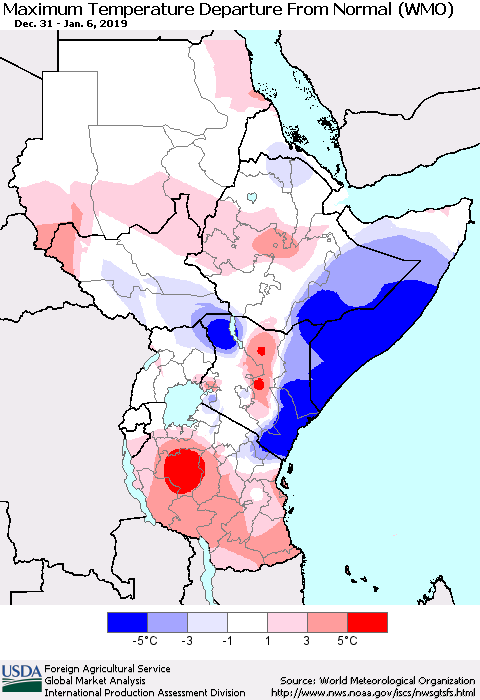 Eastern Africa Mean Maximum Temperature Departure from Normal (WMO) Thematic Map For 12/31/2018 - 1/6/2019