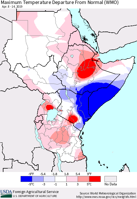 Eastern Africa Mean Maximum Temperature Departure from Normal (WMO) Thematic Map For 4/8/2019 - 4/14/2019