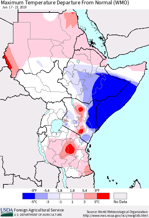 Eastern Africa Mean Maximum Temperature Departure from Normal (WMO) Thematic Map For 6/17/2019 - 6/23/2019