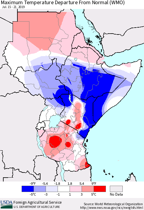 Eastern Africa Mean Maximum Temperature Departure from Normal (WMO) Thematic Map For 7/15/2019 - 7/21/2019