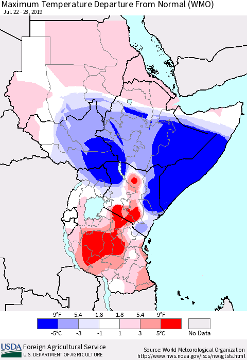 Eastern Africa Mean Maximum Temperature Departure from Normal (WMO) Thematic Map For 7/22/2019 - 7/28/2019