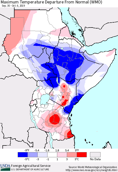 Eastern Africa Mean Maximum Temperature Departure from Normal (WMO) Thematic Map For 9/30/2019 - 10/6/2019