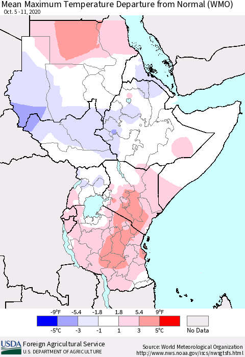Eastern Africa Mean Maximum Temperature Departure from Normal (WMO) Thematic Map For 10/5/2020 - 10/11/2020