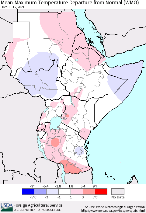 Eastern Africa Mean Maximum Temperature Departure from Normal (WMO) Thematic Map For 12/6/2021 - 12/12/2021