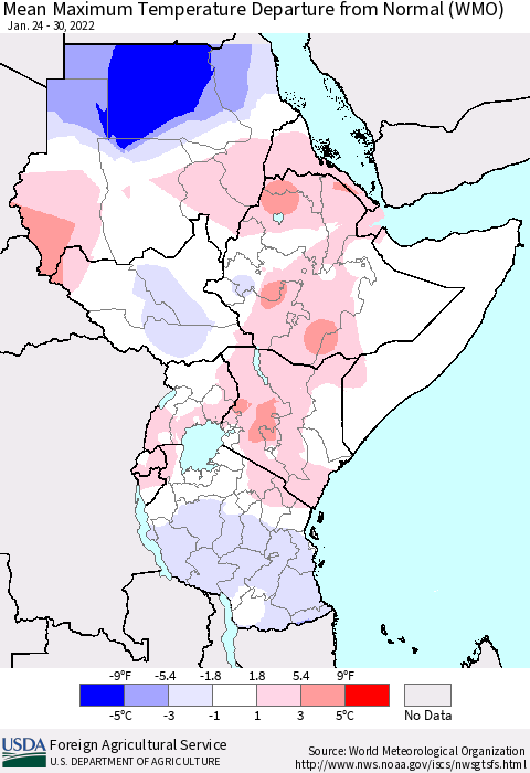 Eastern Africa Mean Maximum Temperature Departure from Normal (WMO) Thematic Map For 1/24/2022 - 1/30/2022
