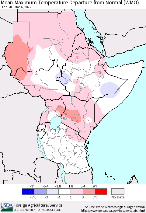Eastern Africa Mean Maximum Temperature Departure from Normal (WMO) Thematic Map For 2/28/2022 - 3/6/2022