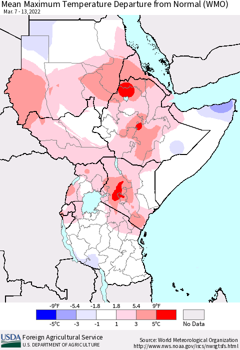 Eastern Africa Mean Maximum Temperature Departure from Normal (WMO) Thematic Map For 3/7/2022 - 3/13/2022