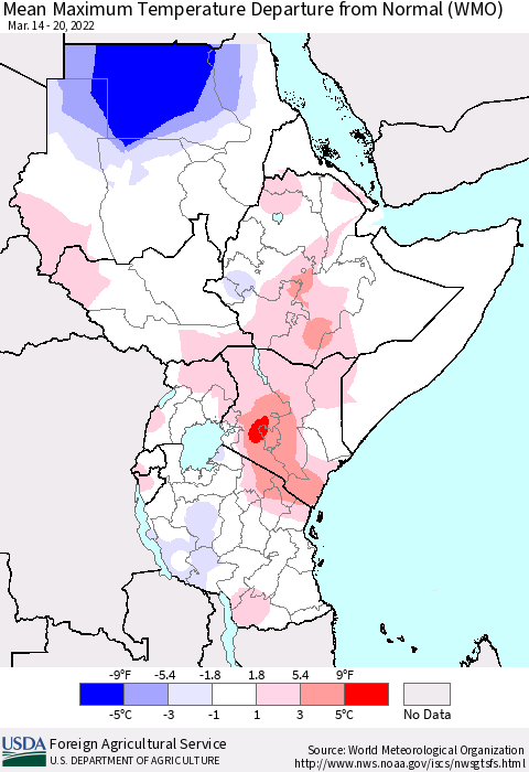 Eastern Africa Mean Maximum Temperature Departure from Normal (WMO) Thematic Map For 3/14/2022 - 3/20/2022