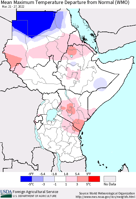 Eastern Africa Mean Maximum Temperature Departure from Normal (WMO) Thematic Map For 3/21/2022 - 3/27/2022