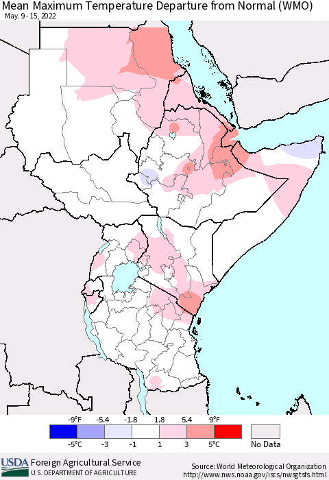 Eastern Africa Mean Maximum Temperature Departure from Normal (WMO) Thematic Map For 5/9/2022 - 5/15/2022