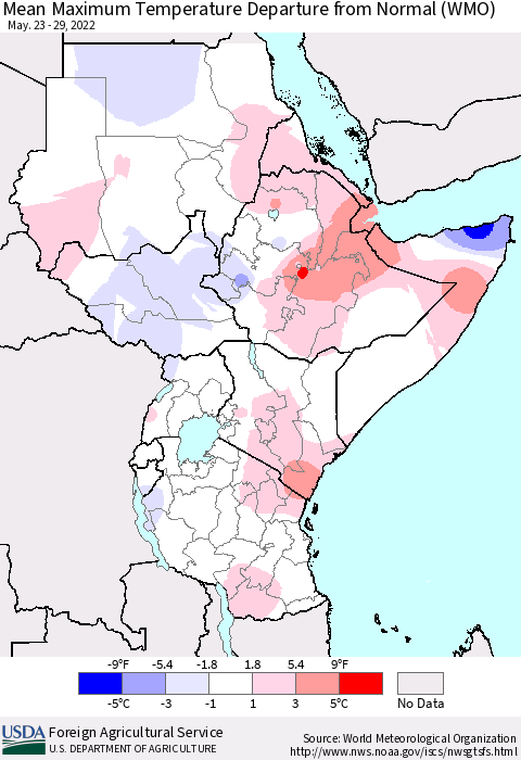 Eastern Africa Mean Maximum Temperature Departure from Normal (WMO) Thematic Map For 5/23/2022 - 5/29/2022