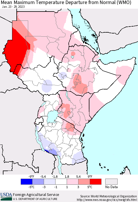 Eastern Africa Mean Maximum Temperature Departure from Normal (WMO) Thematic Map For 1/23/2023 - 1/29/2023