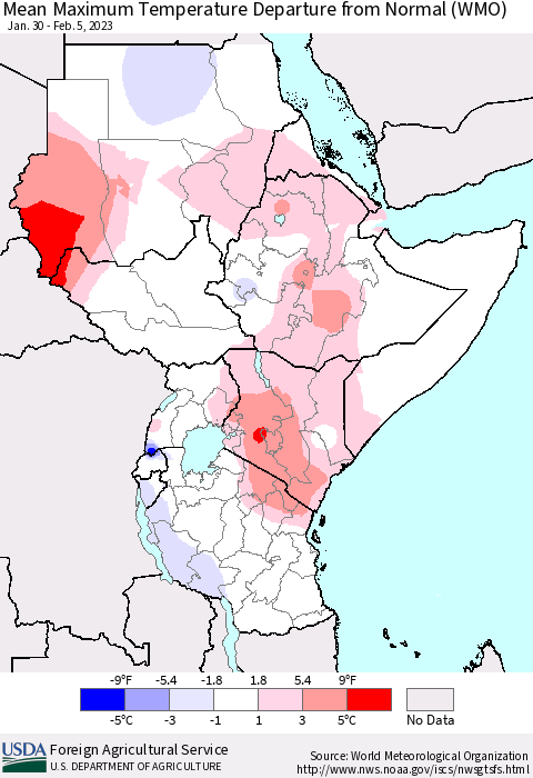 Eastern Africa Mean Maximum Temperature Departure from Normal (WMO) Thematic Map For 1/30/2023 - 2/5/2023
