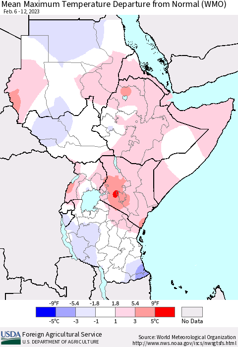 Eastern Africa Mean Maximum Temperature Departure from Normal (WMO) Thematic Map For 2/6/2023 - 2/12/2023