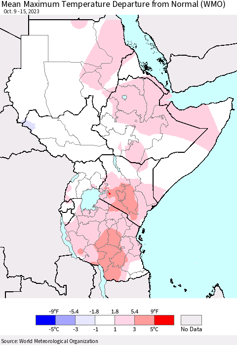 Eastern Africa Mean Maximum Temperature Departure from Normal (WMO) Thematic Map For 10/9/2023 - 10/15/2023