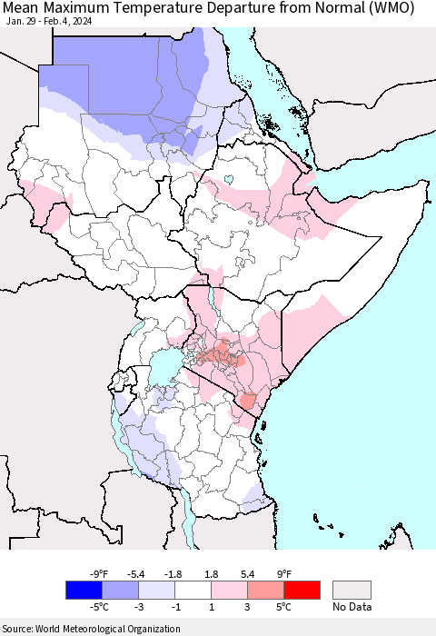 Eastern Africa Mean Maximum Temperature Departure from Normal (WMO) Thematic Map For 1/29/2024 - 2/4/2024