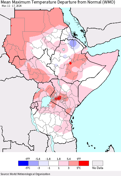 Eastern Africa Mean Maximum Temperature Departure from Normal (WMO) Thematic Map For 3/11/2024 - 3/17/2024