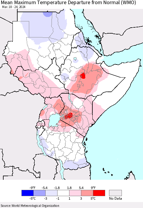 Eastern Africa Mean Maximum Temperature Departure from Normal (WMO) Thematic Map For 3/18/2024 - 3/24/2024