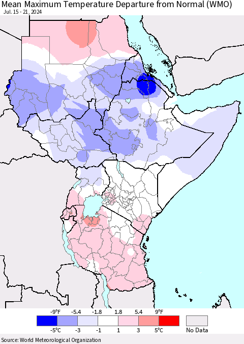 Eastern Africa Mean Maximum Temperature Departure from Normal (WMO) Thematic Map For 7/15/2024 - 7/21/2024