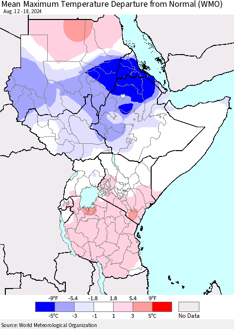 Eastern Africa Mean Maximum Temperature Departure from Normal (WMO) Thematic Map For 8/12/2024 - 8/18/2024