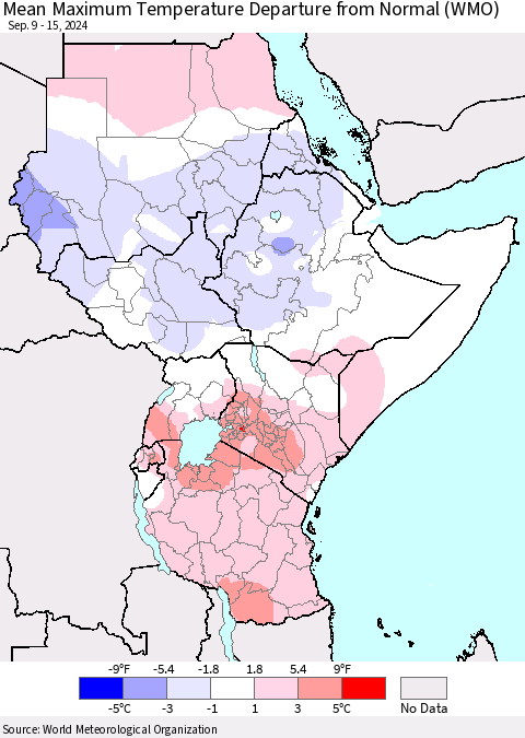 Eastern Africa Mean Maximum Temperature Departure from Normal (WMO) Thematic Map For 9/9/2024 - 9/15/2024