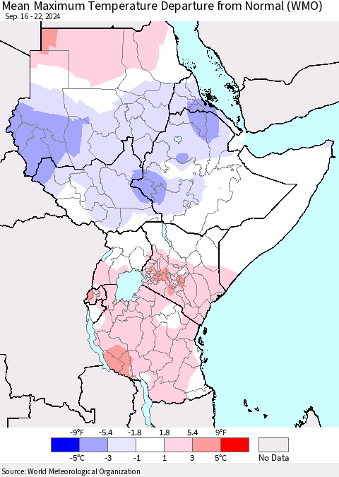 Eastern Africa Mean Maximum Temperature Departure from Normal (WMO) Thematic Map For 9/16/2024 - 9/22/2024