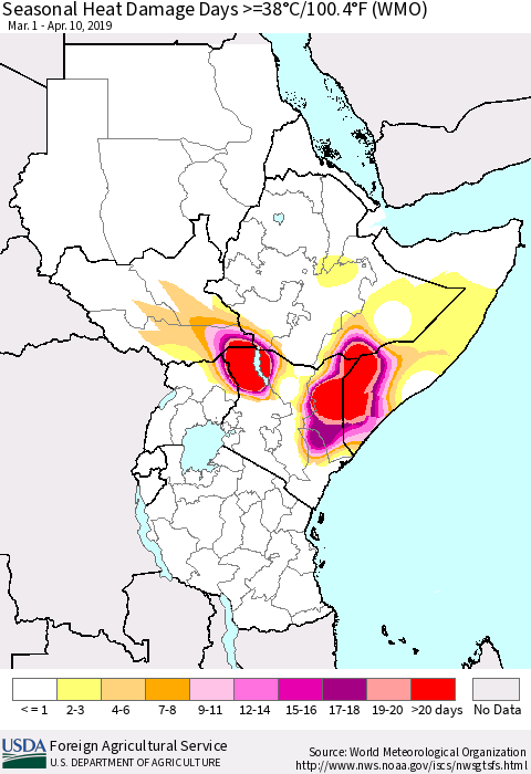 Eastern Africa Seasonal Heat Damage Days >=38°C/100°F (WMO) Thematic Map For 3/1/2019 - 4/10/2019