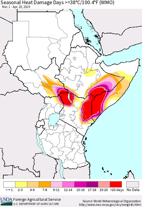 Eastern Africa Seasonal Heat Damage Days >=38°C/100°F (WMO) Thematic Map For 3/1/2019 - 4/20/2019
