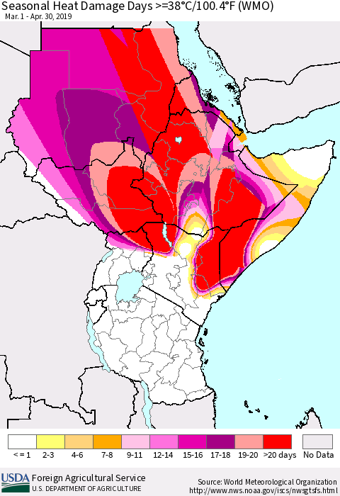 Eastern Africa Seasonal Heat Damage Days >=38°C/100°F (WMO) Thematic Map For 3/1/2019 - 4/30/2019
