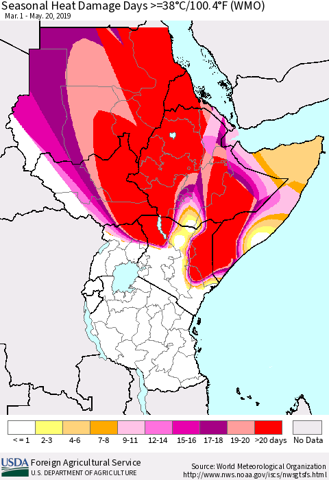 Eastern Africa Seasonal Heat Damage Days >=38°C/100°F (WMO) Thematic Map For 3/1/2019 - 5/20/2019