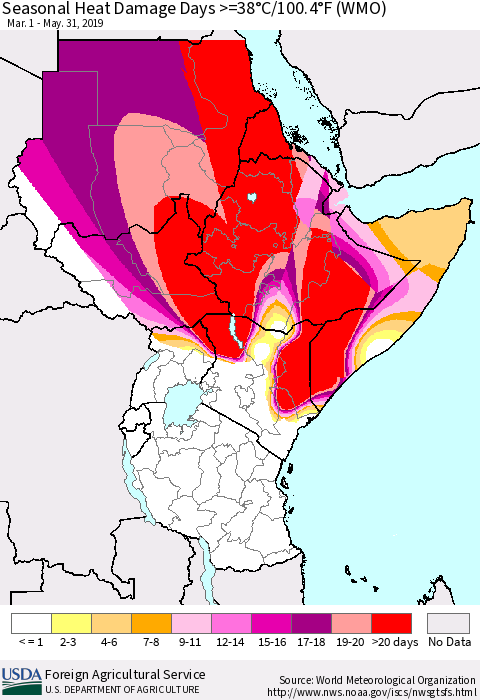 Eastern Africa Seasonal Heat Damage Days >=38°C/100°F (WMO) Thematic Map For 3/1/2019 - 5/31/2019
