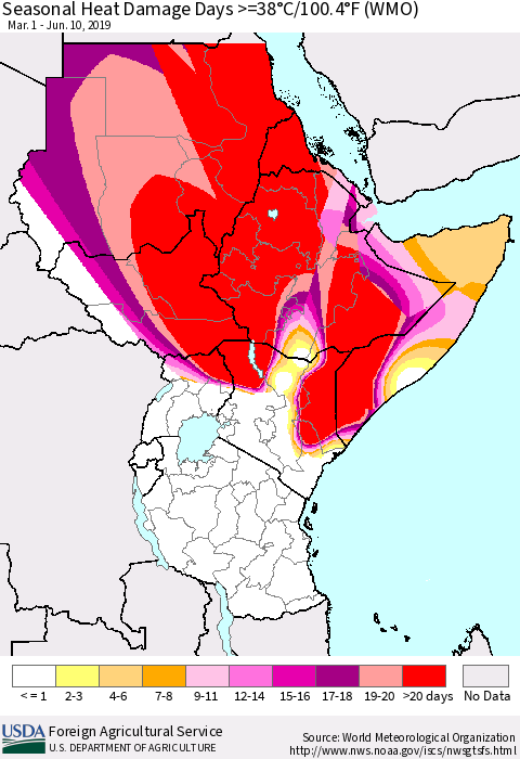 Eastern Africa Seasonal Heat Damage Days >=38°C/100°F (WMO) Thematic Map For 3/1/2019 - 6/10/2019