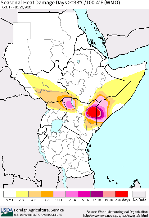 Eastern Africa Seasonal Heat Damage Days >=38°C/100°F (WMO) Thematic Map For 10/1/2019 - 2/29/2020