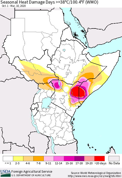 Eastern Africa Seasonal Heat Damage Days >=38°C/100°F (WMO) Thematic Map For 10/1/2019 - 3/10/2020