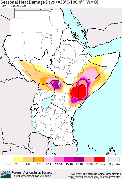 Eastern Africa Seasonal Heat Damage Days >=38°C/100°F (WMO) Thematic Map For 10/1/2019 - 3/20/2020