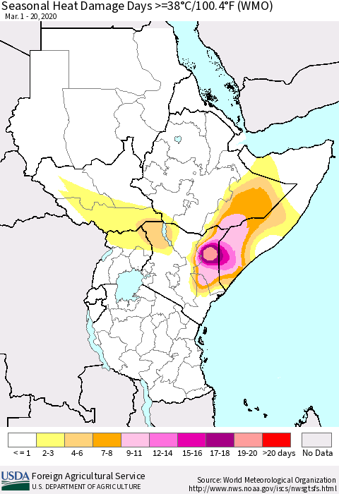 Eastern Africa Seasonal Heat Damage Days >=38°C/100°F (WMO) Thematic Map For 3/1/2020 - 3/20/2020