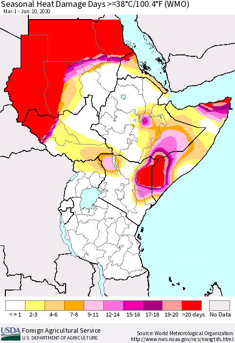 Eastern Africa Seasonal Heat Damage Days >=38°C/100°F (WMO) Thematic Map For 3/1/2020 - 6/10/2020