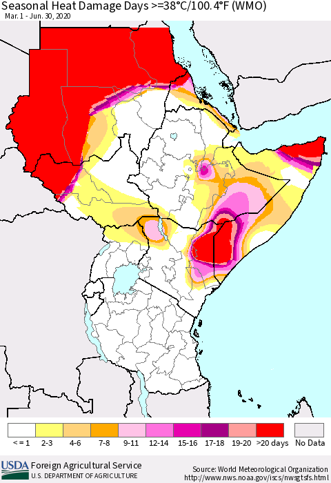 Eastern Africa Seasonal Heat Damage Days >=38°C/100°F (WMO) Thematic Map For 3/1/2020 - 6/30/2020